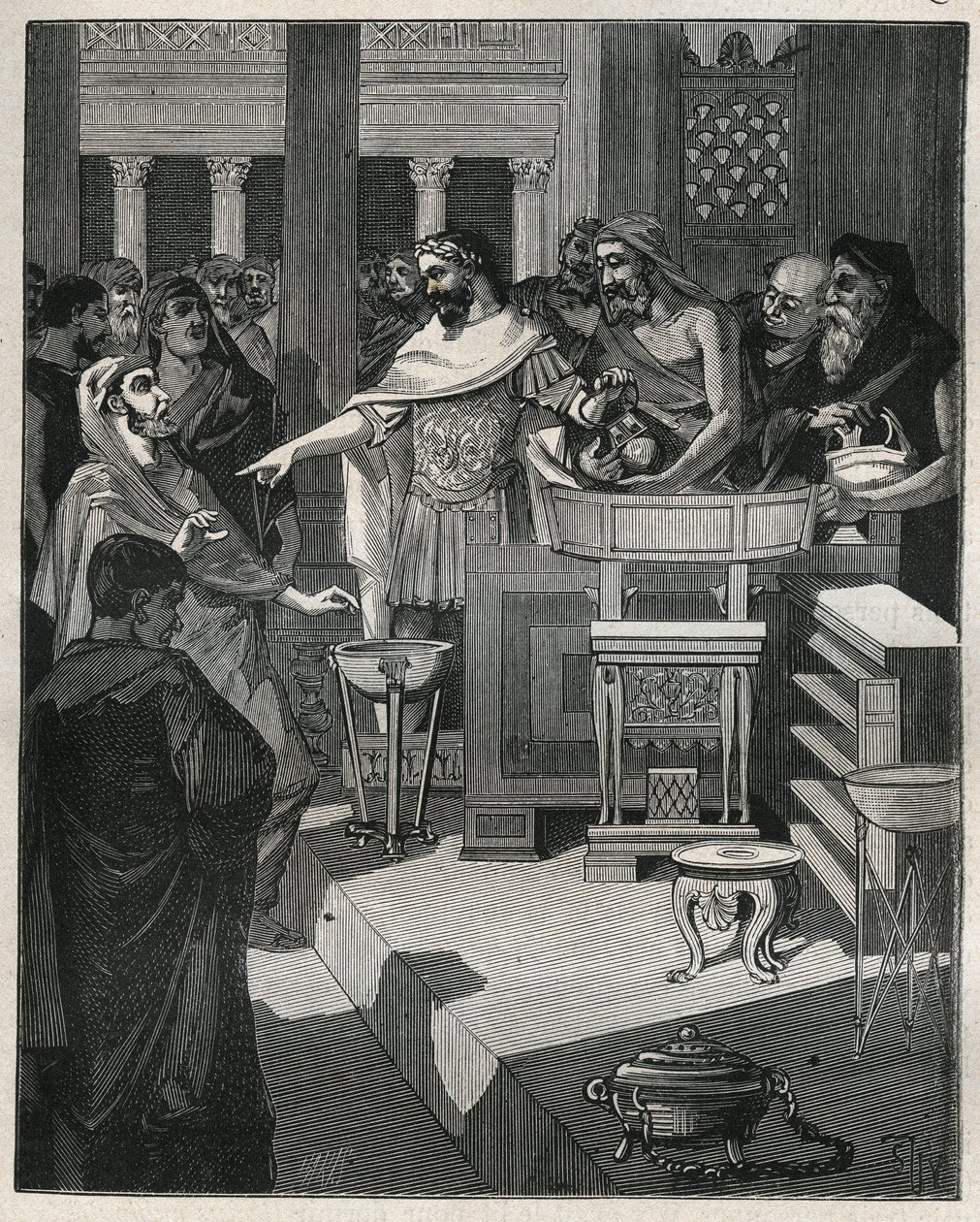 The Roman Emperor Caligula (12-41) in a brocanter in Roman Gaul. Engraving from 1885 in 