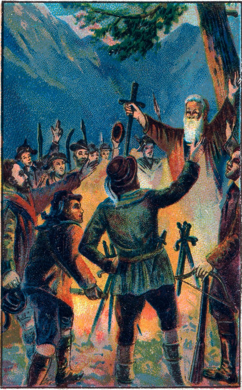 The Rutlischwur - legendary oath of the Old Swiss Confederacy. The three Swiss confederates swearing allegiance to Ruetli. Chromolithography of the end of the 19th century by Unknown artist