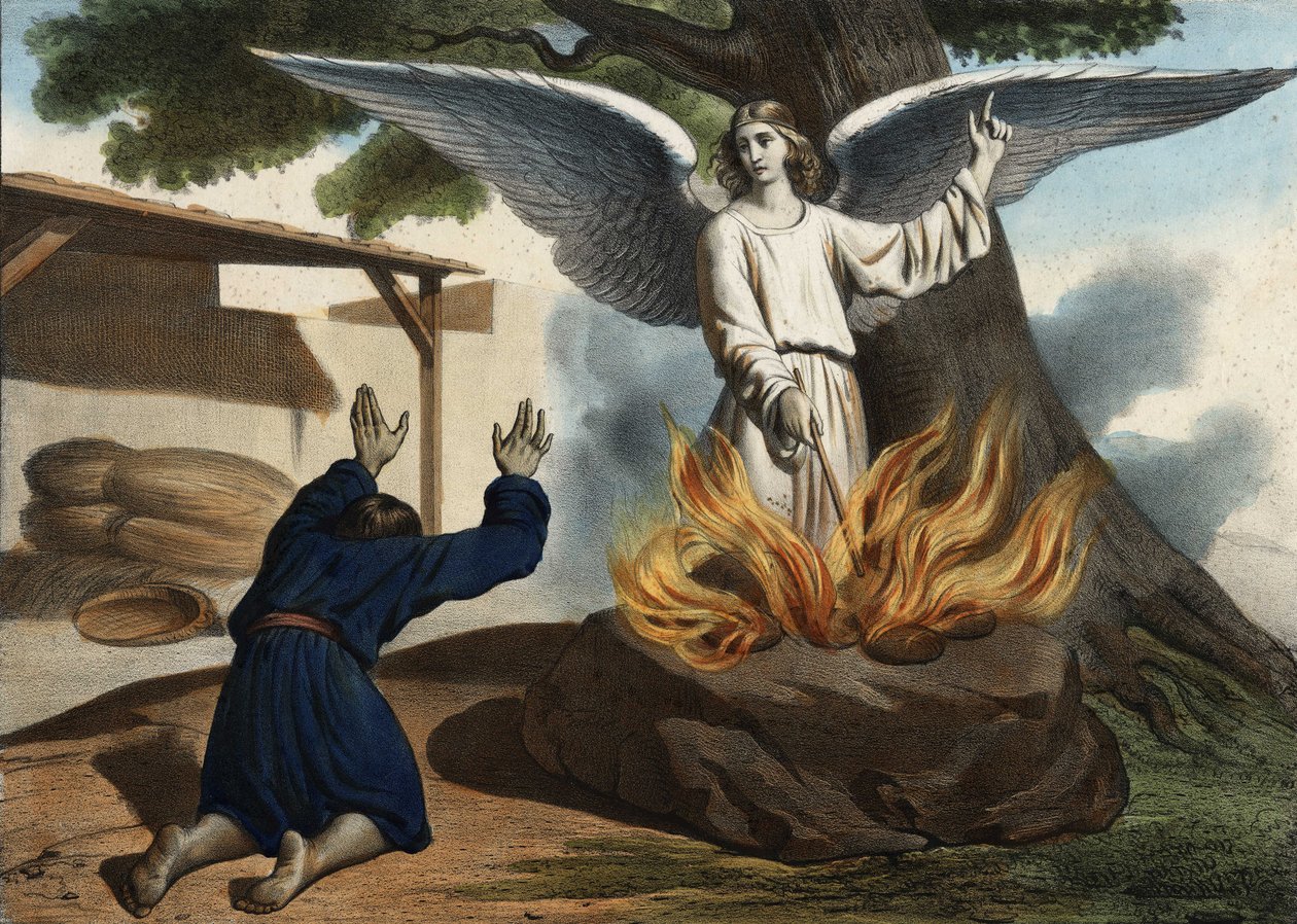 The angel appearing to Gideon to liberate the people of Israel from the occupation of the Midianites. Anonymous engraving from the middle of the 19th century. by Unknown artist