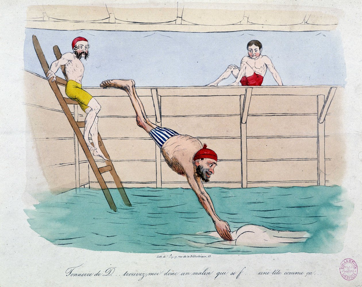 The Bath: Caricature of Public Baths (Swimming Pools) in Paris - 19th Century by Unknown artist