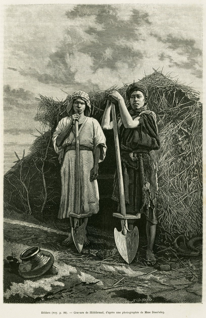 The bildars, owners of a beche, are charged with digging the drains of the wheat fields of the Karoun region. Engraving to illustrate the story La Perse, la Chaldee et la Susiane by Jane Delafoy, academy officer, in le tour du monde 1886, directed by Edoua by Unknown artist