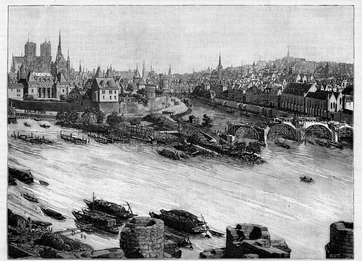 The construction of the Pont Neuf in Paris passing through the Square du Vert-Galant at the end of the Île de la Cité. The first works in 1578. Engraving in 