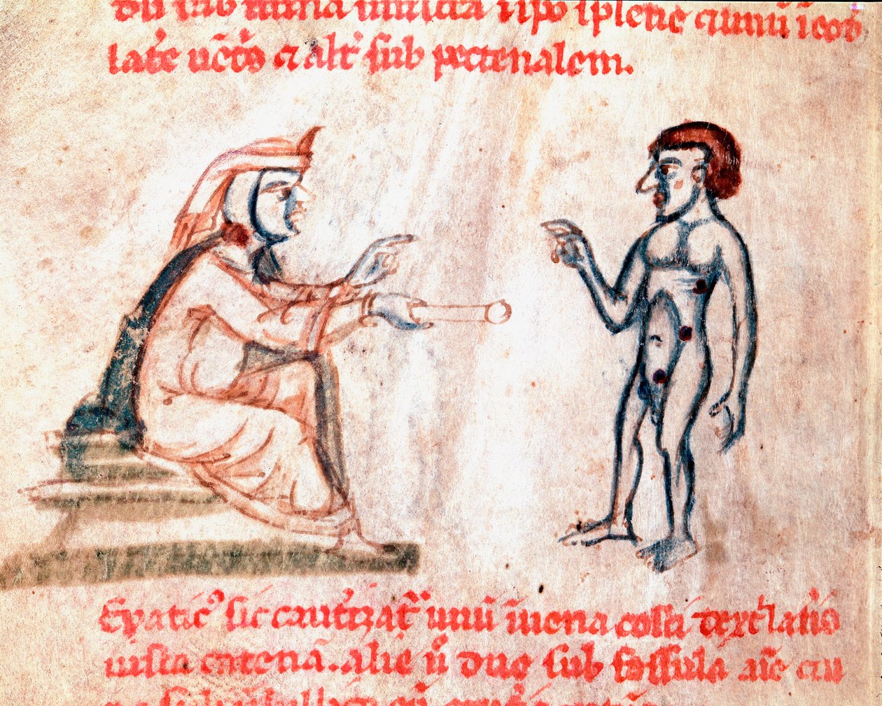 The doctor burns the patient on painful areas with hot irons (Miniature from the manuscript De Medicina cauteriorum secundum Brunum, Rugerium et Rolthe, 13th century) by Unknown artist