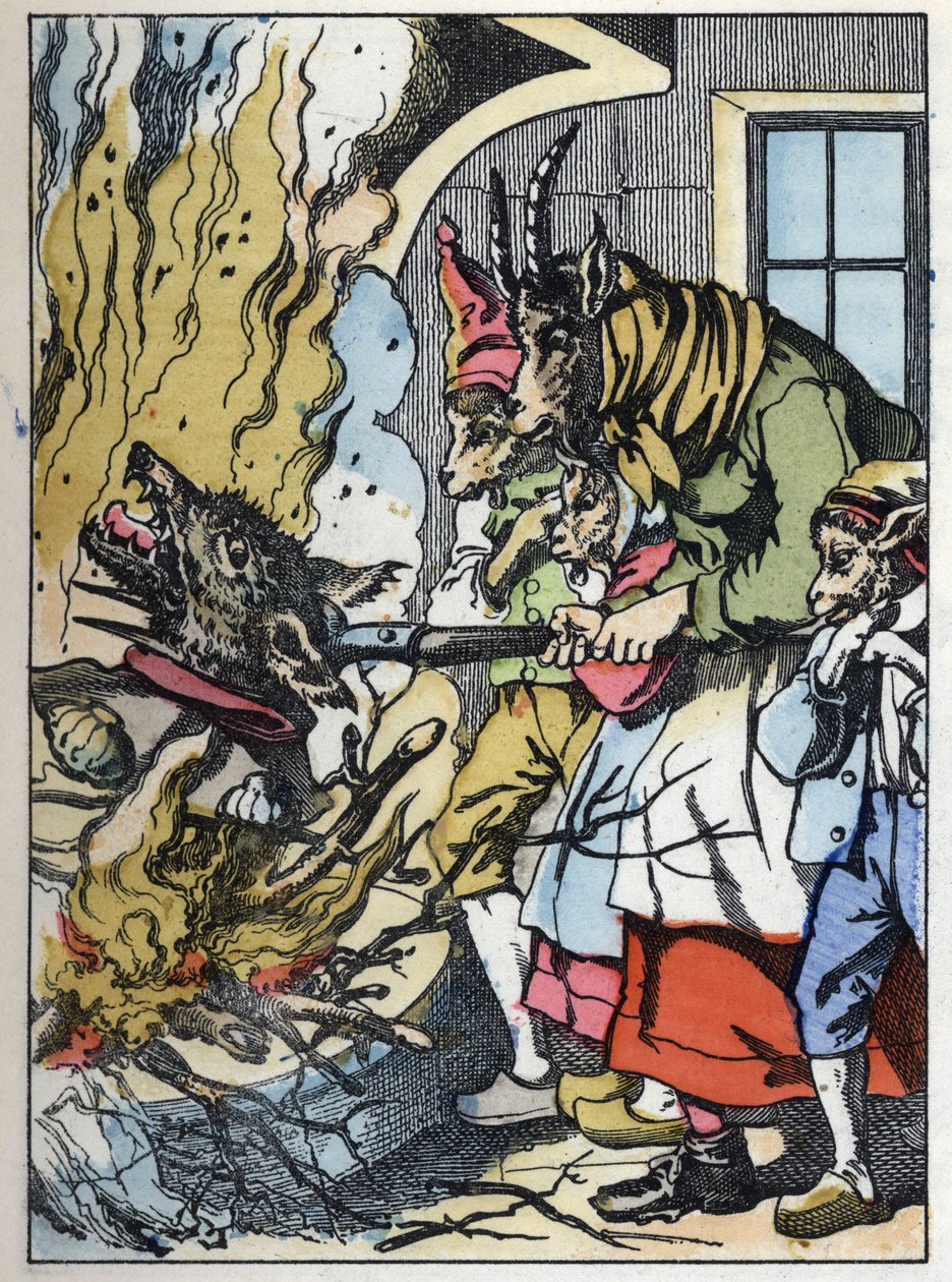 The goat kills the wolf in the chimney. Illustration of the tale 
