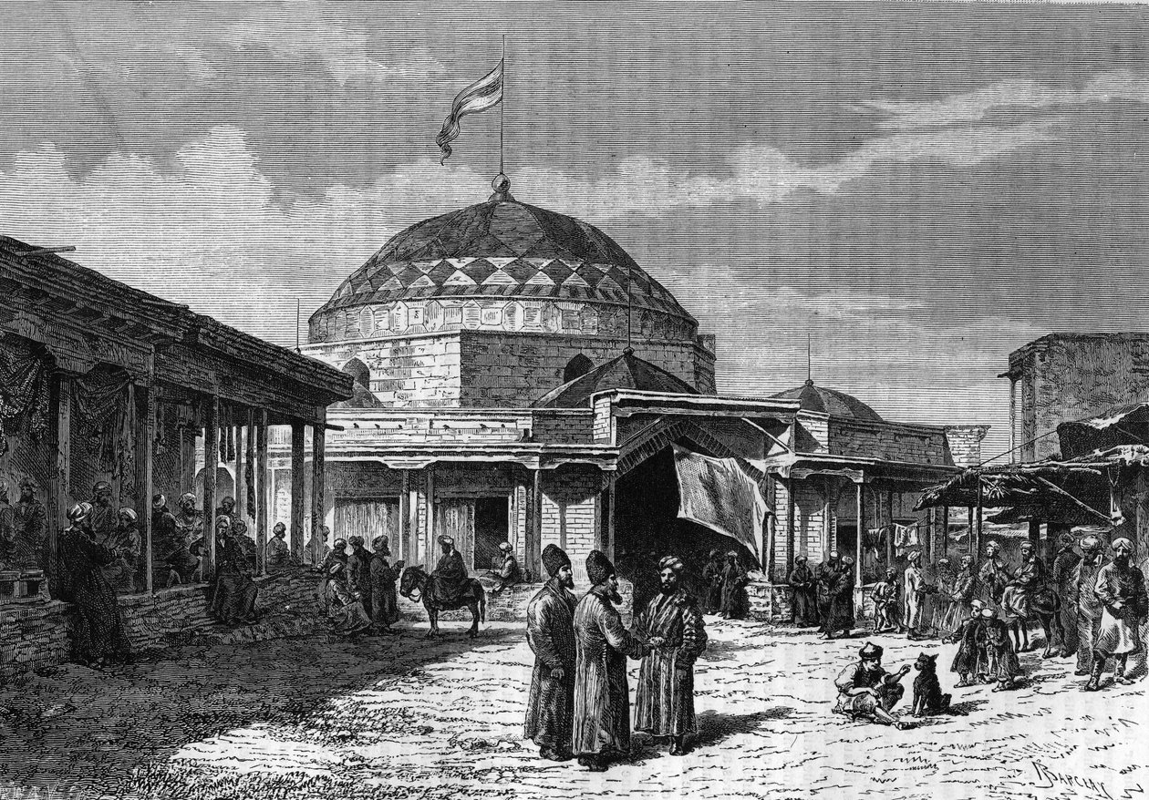 The great bazaar of Samarkand in Uzbekistan in the 19th century. Engraving in 