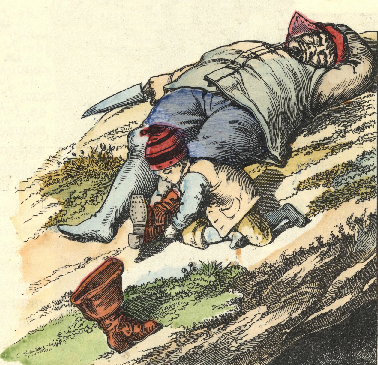 The little poucet steals the boots from 7 places from the sleeping ogre. Illustration of the tale 