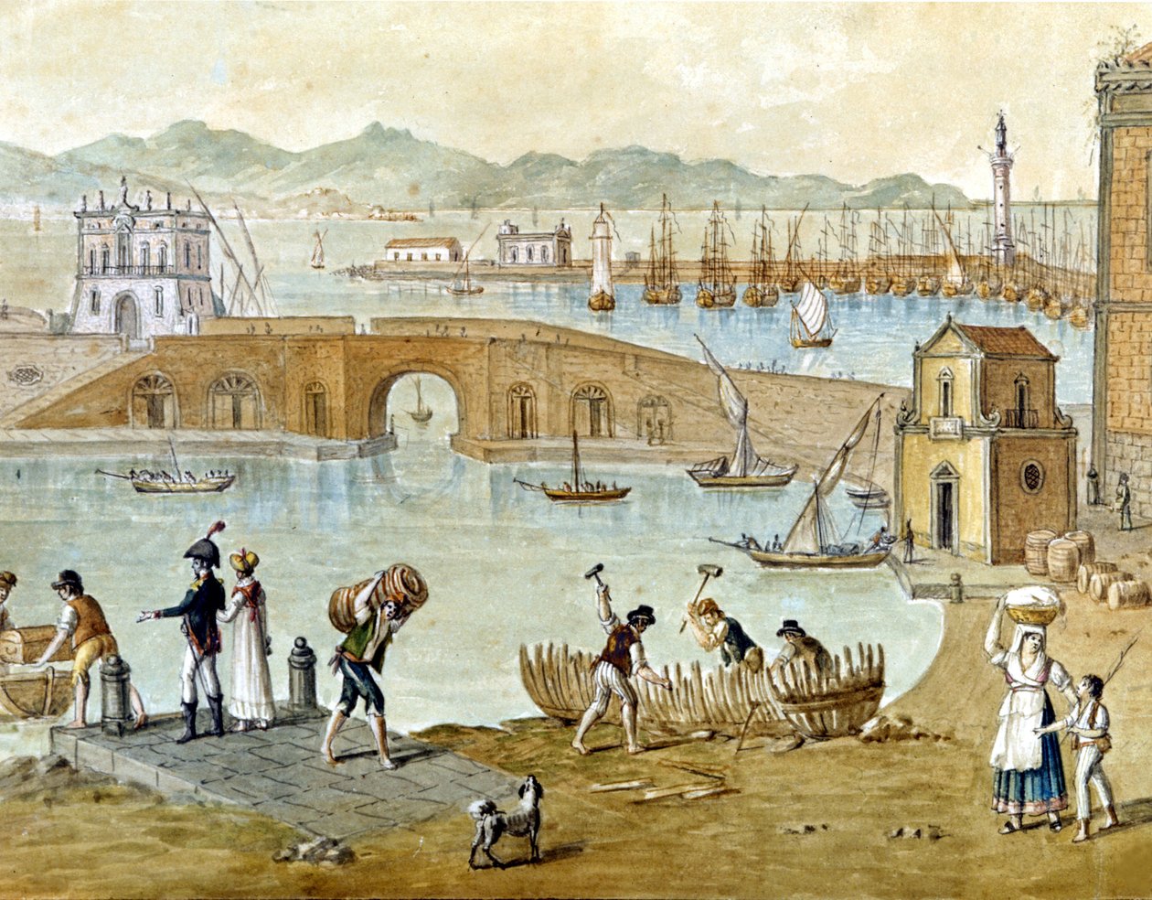 The port of Naples and Santa Lucia around 1800: travellers are