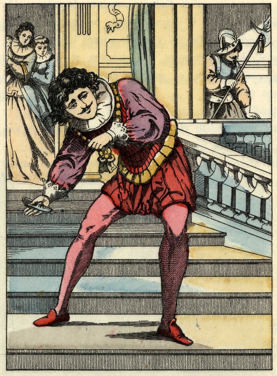 The prince picks up the glass shoe by Cinderella. Illustration of Charles Perrault