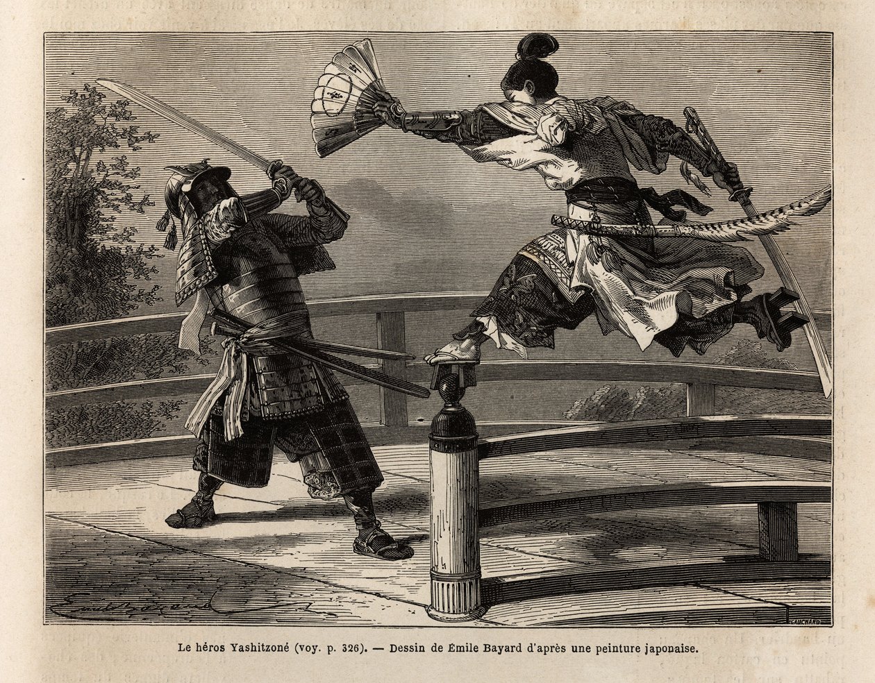 The samurai Yashitsune in balance on the barrier of a bridge, attacks a samurai in armor. Engraving to illustrate the voyage to Japan, in 1863-1864, by Aime Humbert, minister of the Swiss Confederation, in 