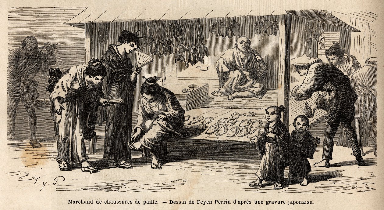 The stamp of a straw shoe dealer, with different customers, a woman who tries a pair with her friends, and a father who takes care of her child. Engraving to illustrate the voyage to Japan, in 1863-1864, by Aime Humbert, minister of the Swiss Confederation by Unknown artist