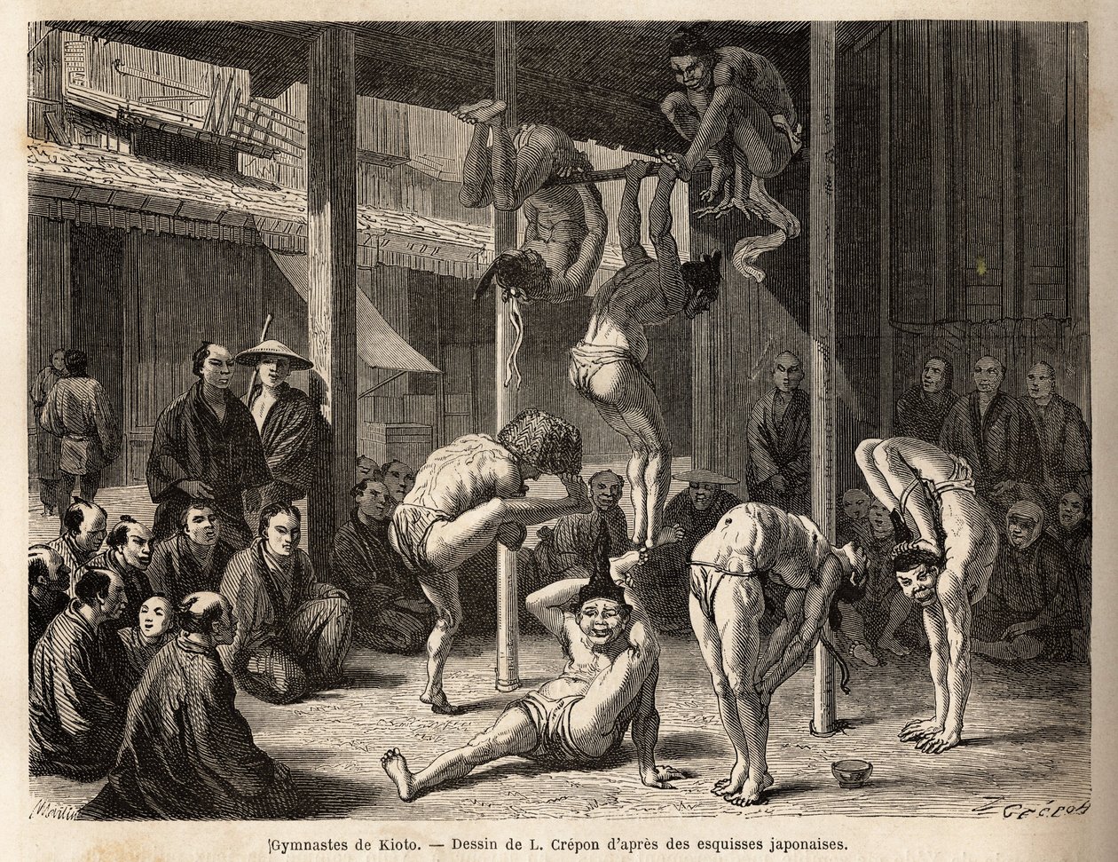 The troupe of the Saltimbanks the gymnasts of Tokyo, they perform under a vast shed or are disposed of bamboo mats, all of them are experienced with these physical exercises but also with the practice of comedy. Engraving to illustrate the journey to Japan by Unknown artist