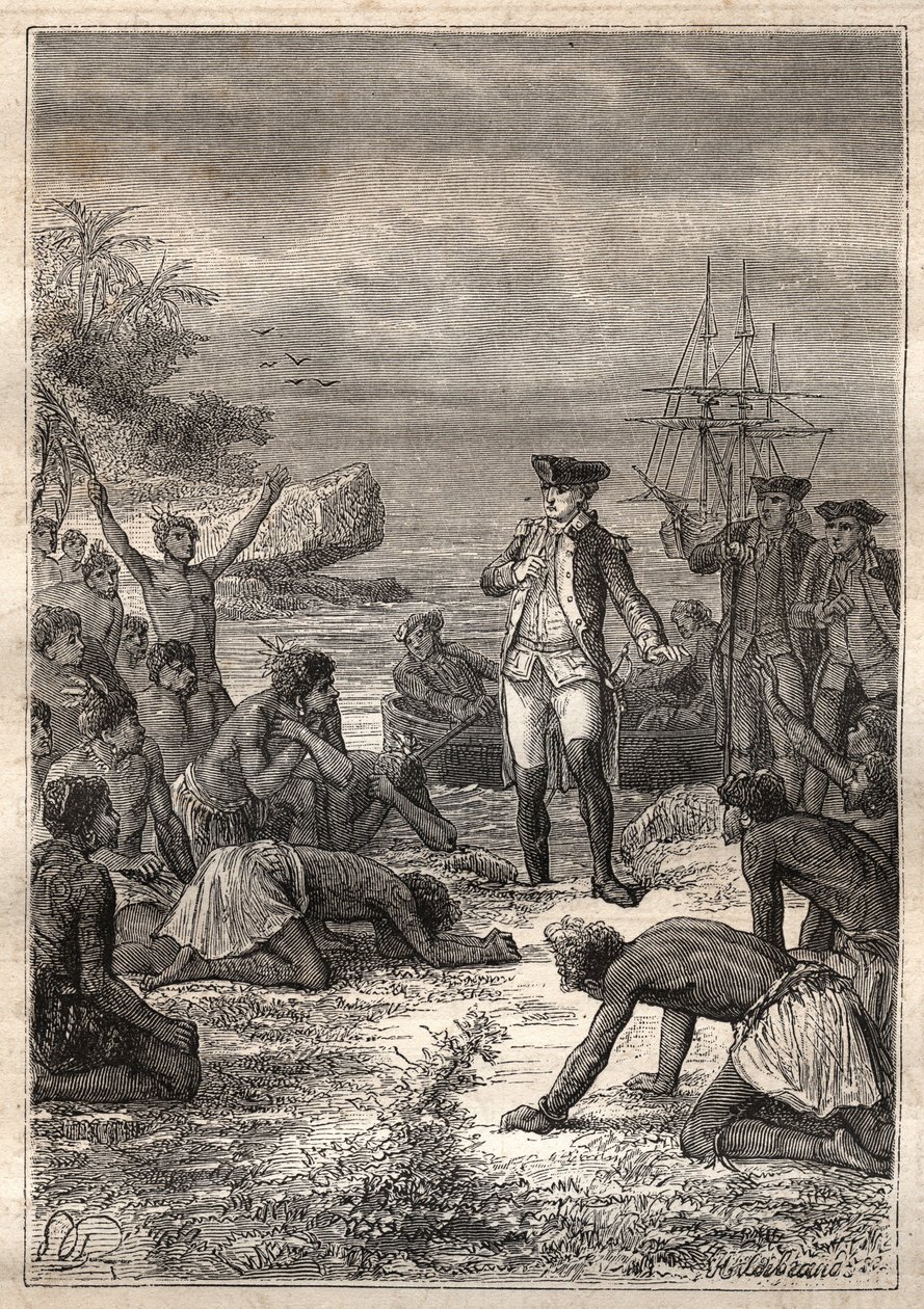 Third voyage (1776-1779) by Captain James Cook: Cook is welcomed by the natives (Hawaii) - illustration taken from The Great Mariners of the 18th century by Unknown artist