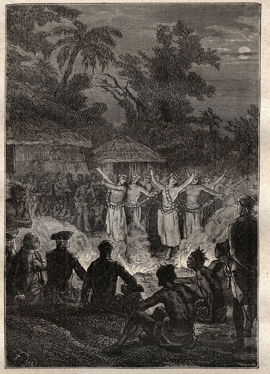 Third voyage (1776-1779) by Captain James Cook: a feast on the islands of the Friends (Kingdom of Tonga, Polynesia) - illustration taken from 