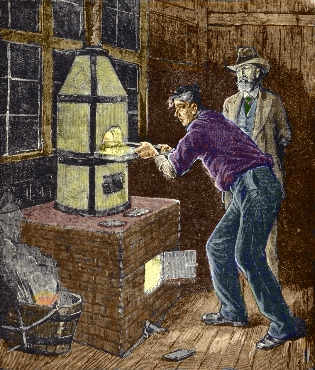 Thomas Edison experiments around 1879 with carbon paper for the incandescent lamp by Unknown artist