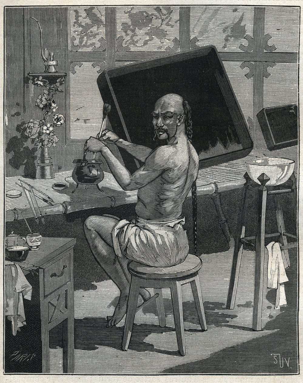 Tong Oil Lacquer in China. Engraving from 1885 in 