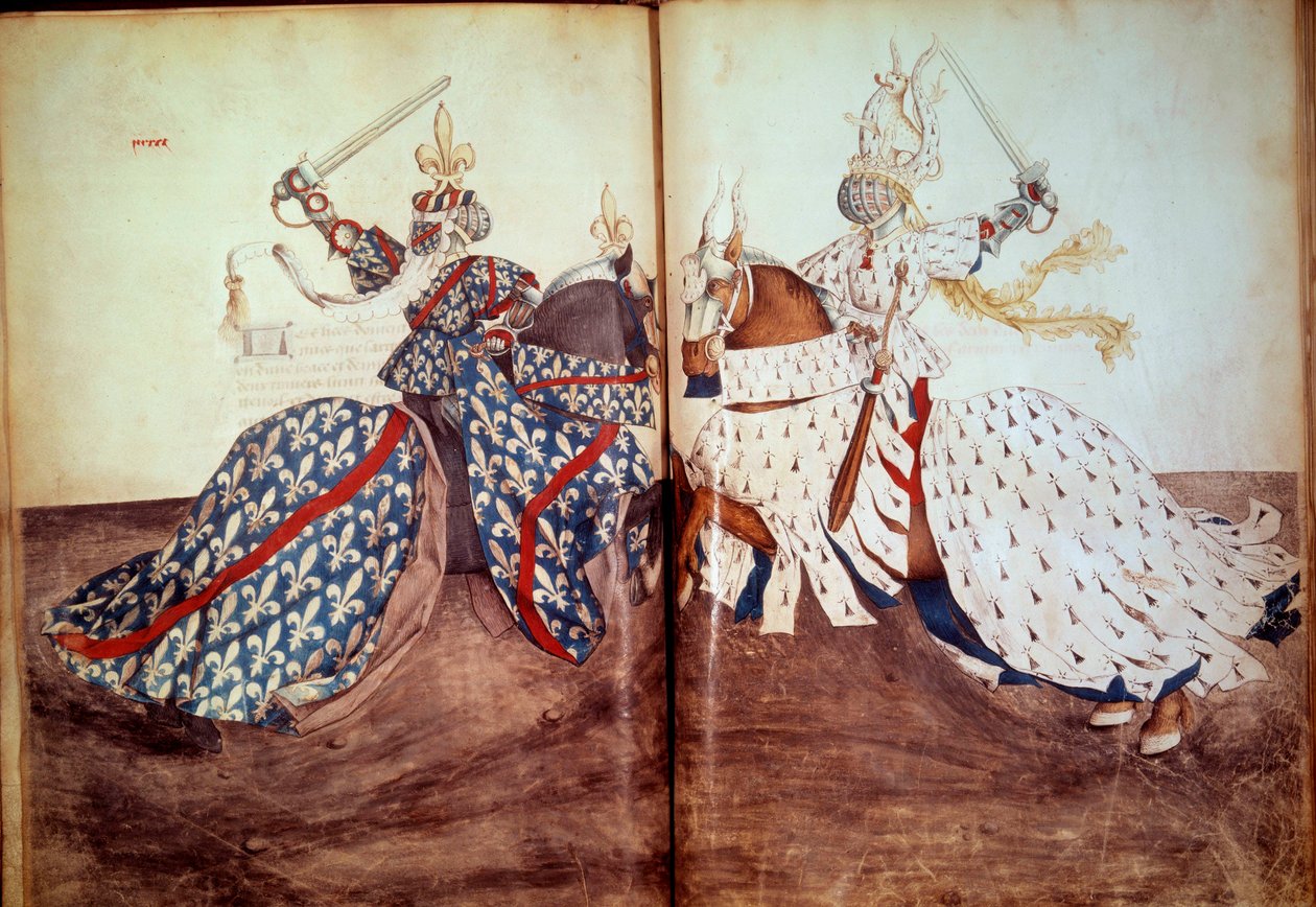 Tournament: Game of the Calling Lord and Defendant Lord (Duke of Brittany and Duke of Bourbon Face). Book of Tournaments (Folio 32v - folio33) by Unknown artist