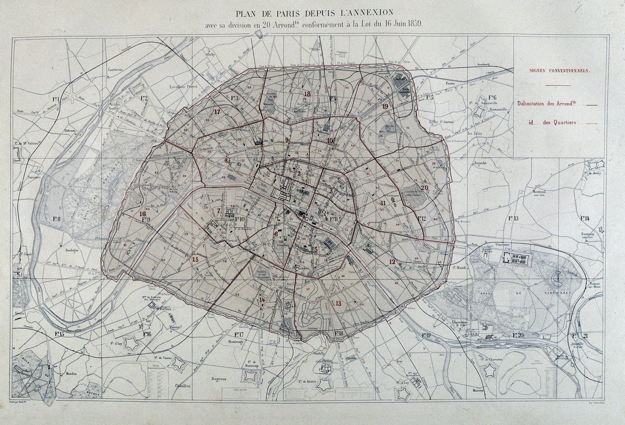 Transformations of Paris Under the Second Empire, Haussmann Paris. Plan of Paris Since the Annexation with Its Division into 20 Arrondissements, in Accordance with the Law of 16 June 1859 - in 