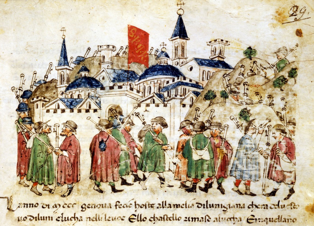 Travelling pilgrims arrive in Rome. 14th century. Chronicles Sercambi. Lucca, National Archives by Unknown artist