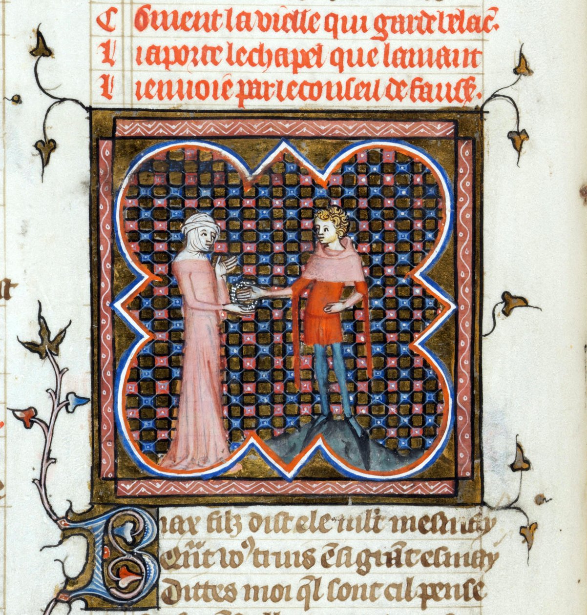 A Young Man and an Old Woman - Illuminated Page from the Manuscript 
