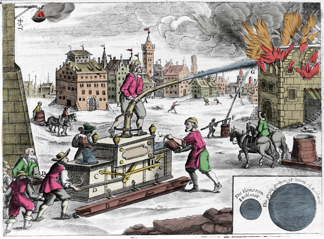 Use of a fire pump by a fire brigade. Engraving from 