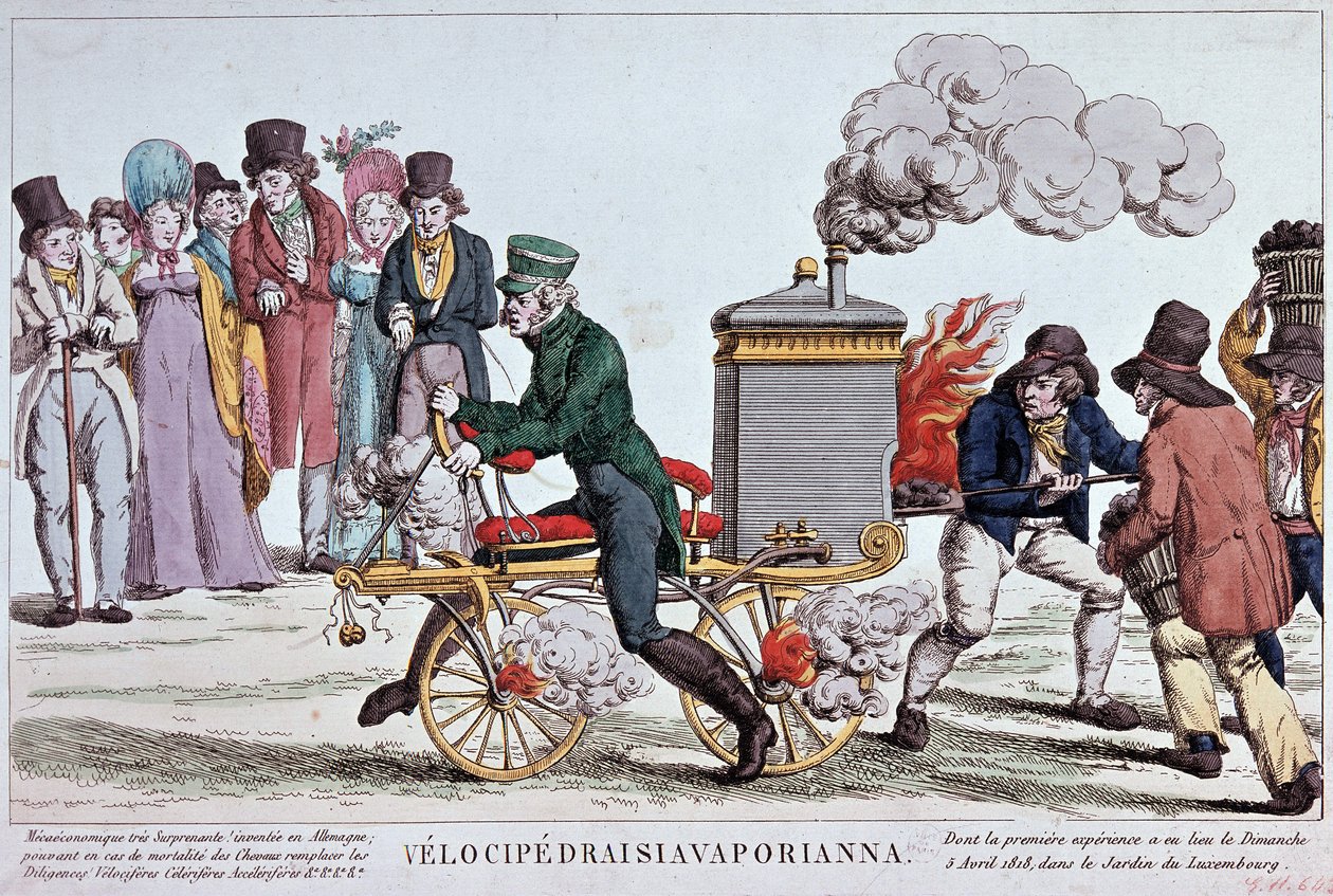 Velocipedraisiavaporianna: Steam Velocipede - Engraving around 1818 by Unknown artist