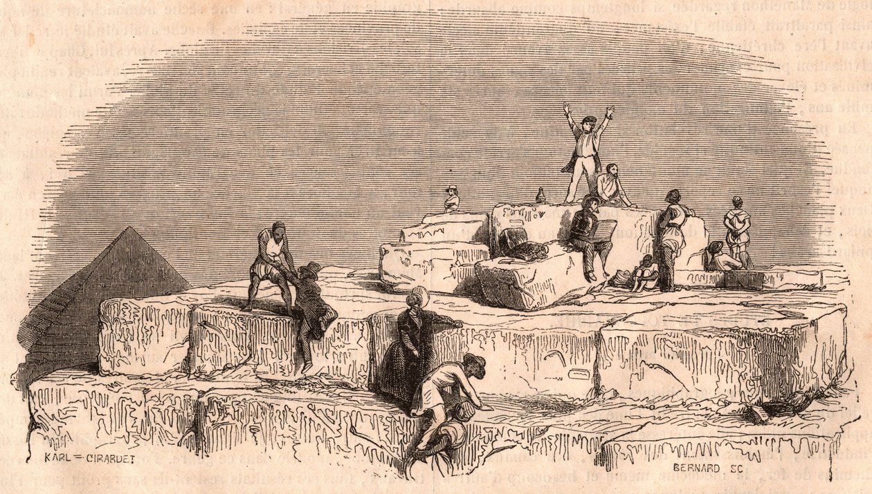 View from the top of the Great Pyramid of Khufu: a group of Europeans arriving on the summit helped by Egyptians by Unknown