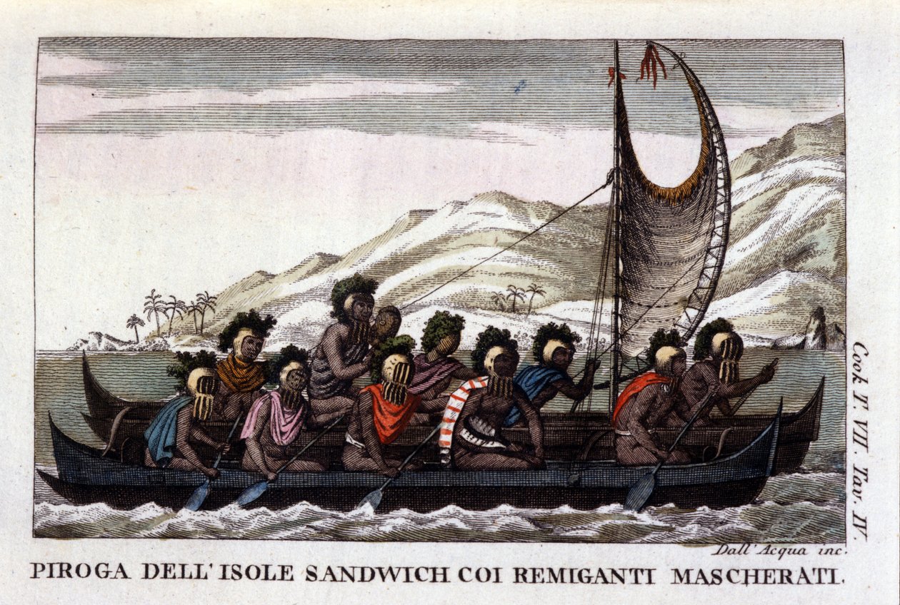 View of a canoe with sails from the Hawaiian Islands in Polynesia, the crew wears typical masks. Lithograph from the beginning of the 19th century by Unknown artist