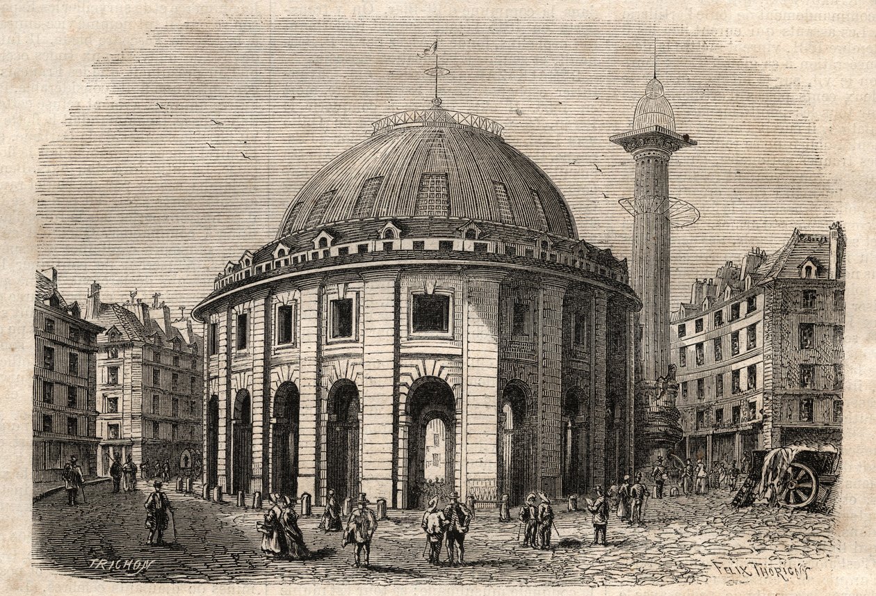 View of Halle au Ble in Paris and the Medici column, engraving early 19th century by Unknown artist
