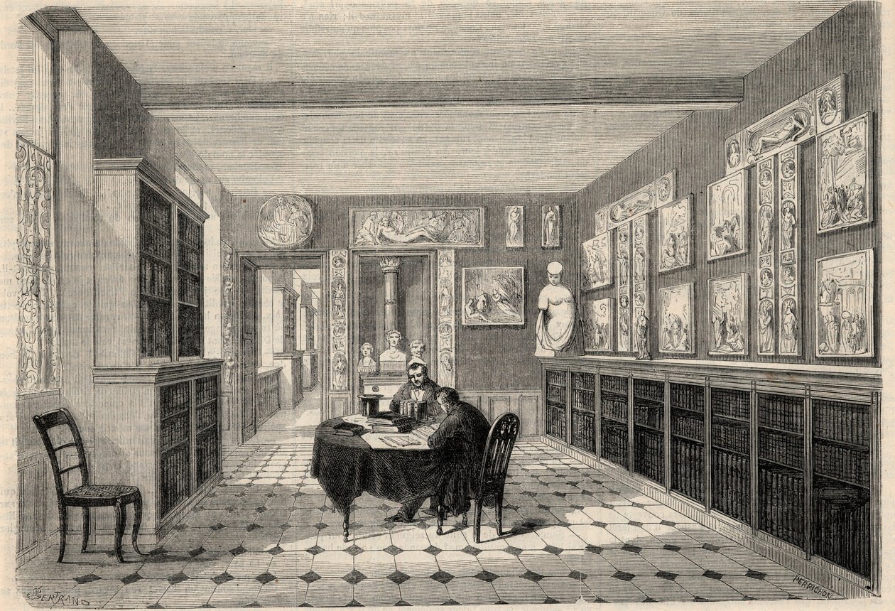 View of the Victor Cousin library at the Sorbonne University in Paris. Engraving in 