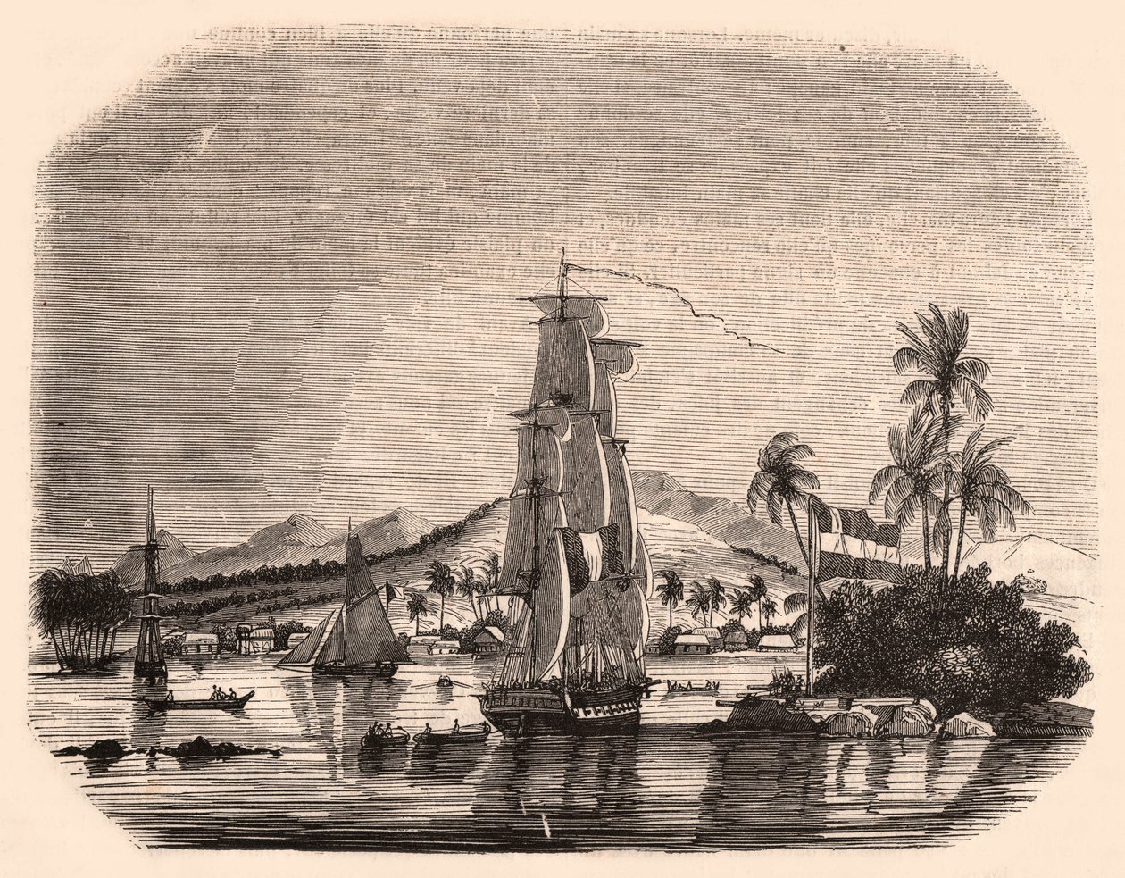 View of the bay Papeete and block Queen, Tahiti, French Polynesia and in the foreground sailboats and boats by Unknown