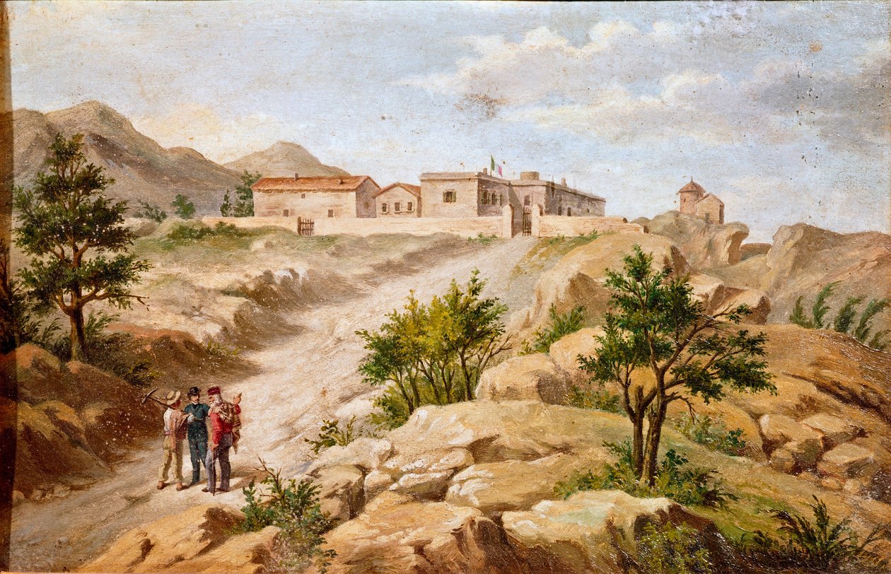 View of the house of the Italian patriot and hero of the Risorgimento Giuseppe Garibaldi with two peasants by Unknown artist