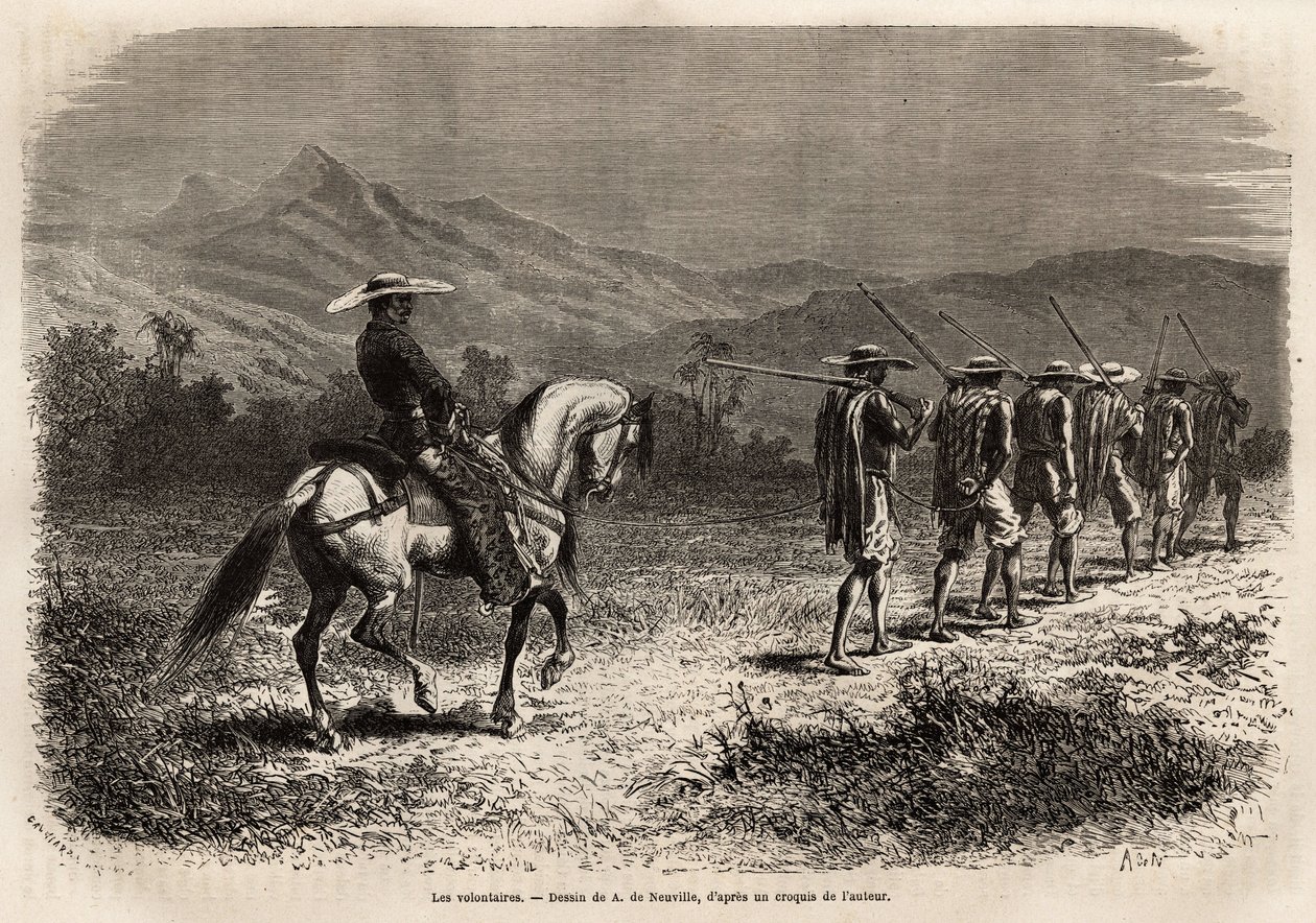 Volunteers on their way to Cali, a long line of men with their hands tied behind their back, connected by a rope to each other, a rope held by a soldier on horseback, who takes them to a military training camp. Engraving to illustrate the voyage to New Gra by Unknown artist