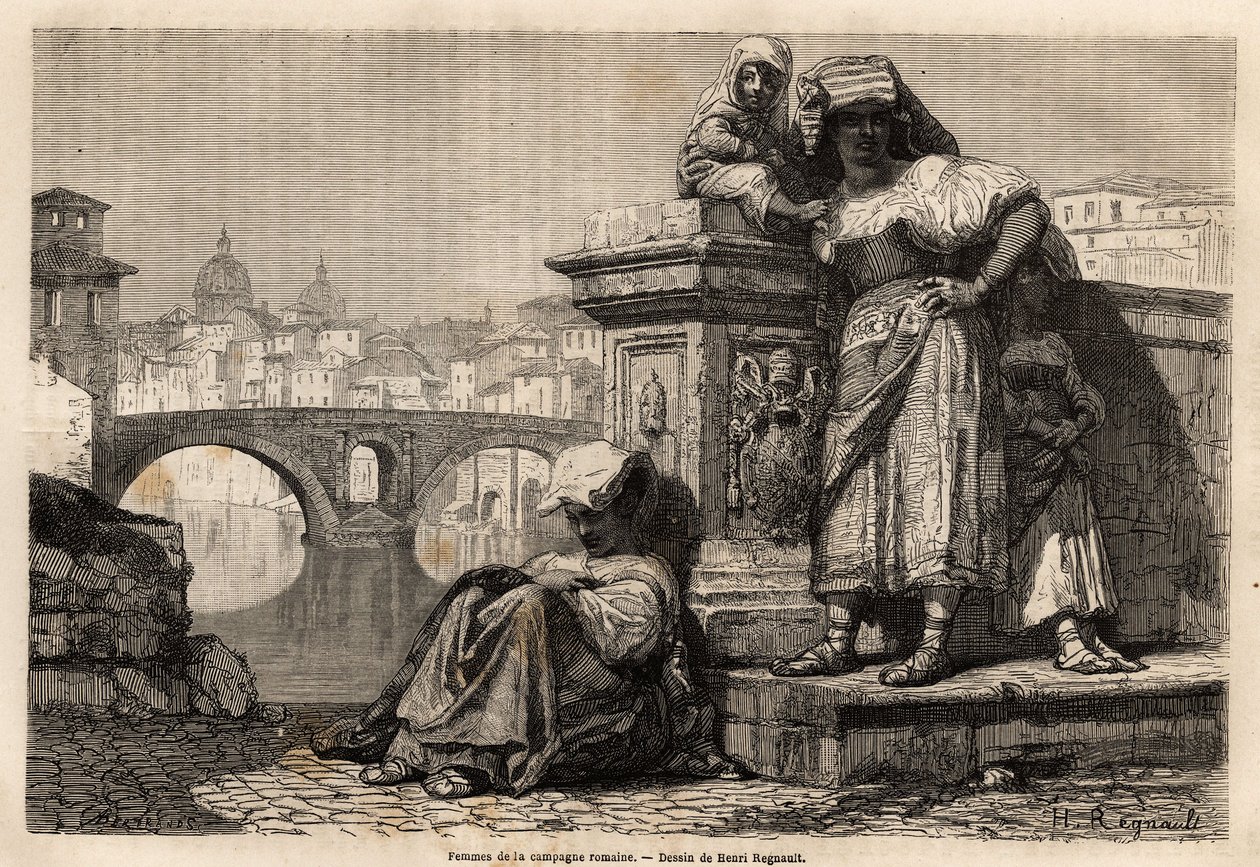 Women and Children of the Roman Countryside at Rest on the Edge of the Tiber, Behind the Horizon: The Domes of St. Peter