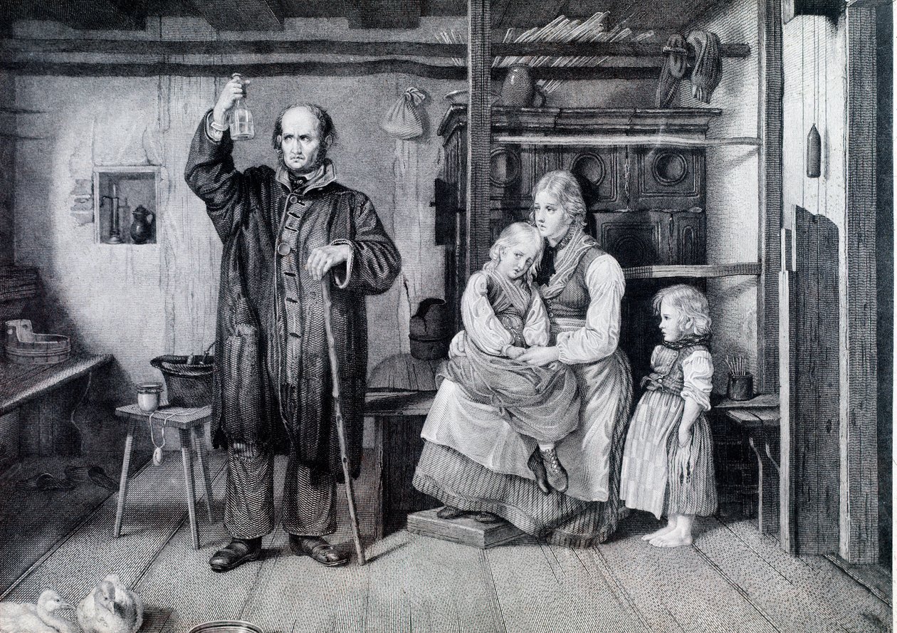 A Doctor Examining a Bottle, Probably a Urine Vial, During a Visit to a Mother and Her Two Children Living in Poverty by Unknown artist
