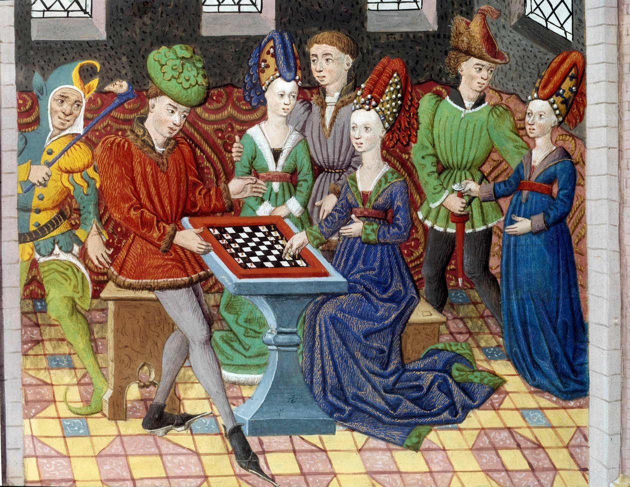 A game of chess between two courtiers in the room of a castle. Miniature taken from “History of Alexander the Great” (or Alexander III of Macedon (356-323 BC)) by Unknown artist