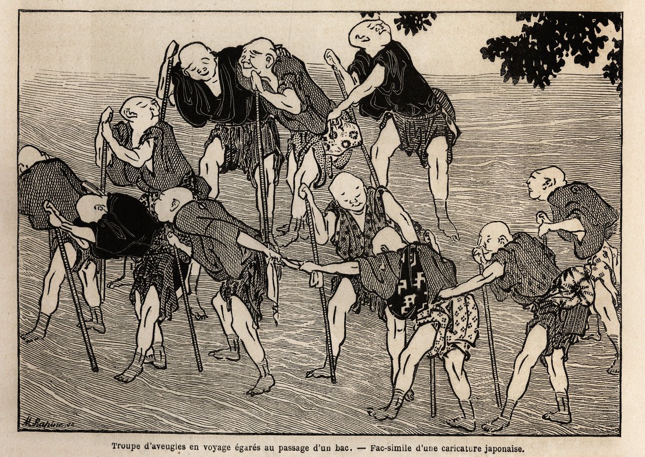 A group of blind egars at the passage of a gue; their infirmity forces them to specialize in massage, they travel by giving their hands, each holding a mountain stick sized in a whistle, with the sound of which they signal their presence to families in nee by Unknown artist
