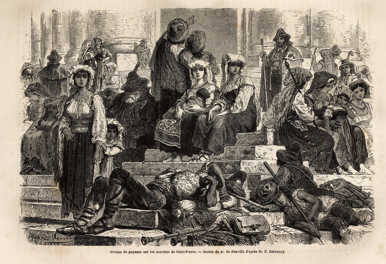 A group of peasants and shepherds gather for the celebration of Holy Week on the steps of St. Peter in the Vatican. Engraving to illustrate the story of the Holy Week in Rome, in 1863, by Ludovic Celler, in 