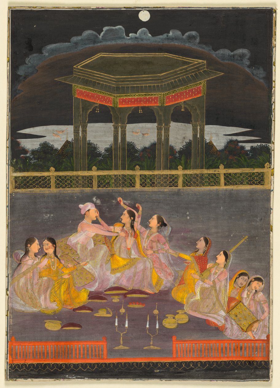 A Prince Celebrating Holi with Palace Women on a Terrace at Night (recto) by Unknown artist