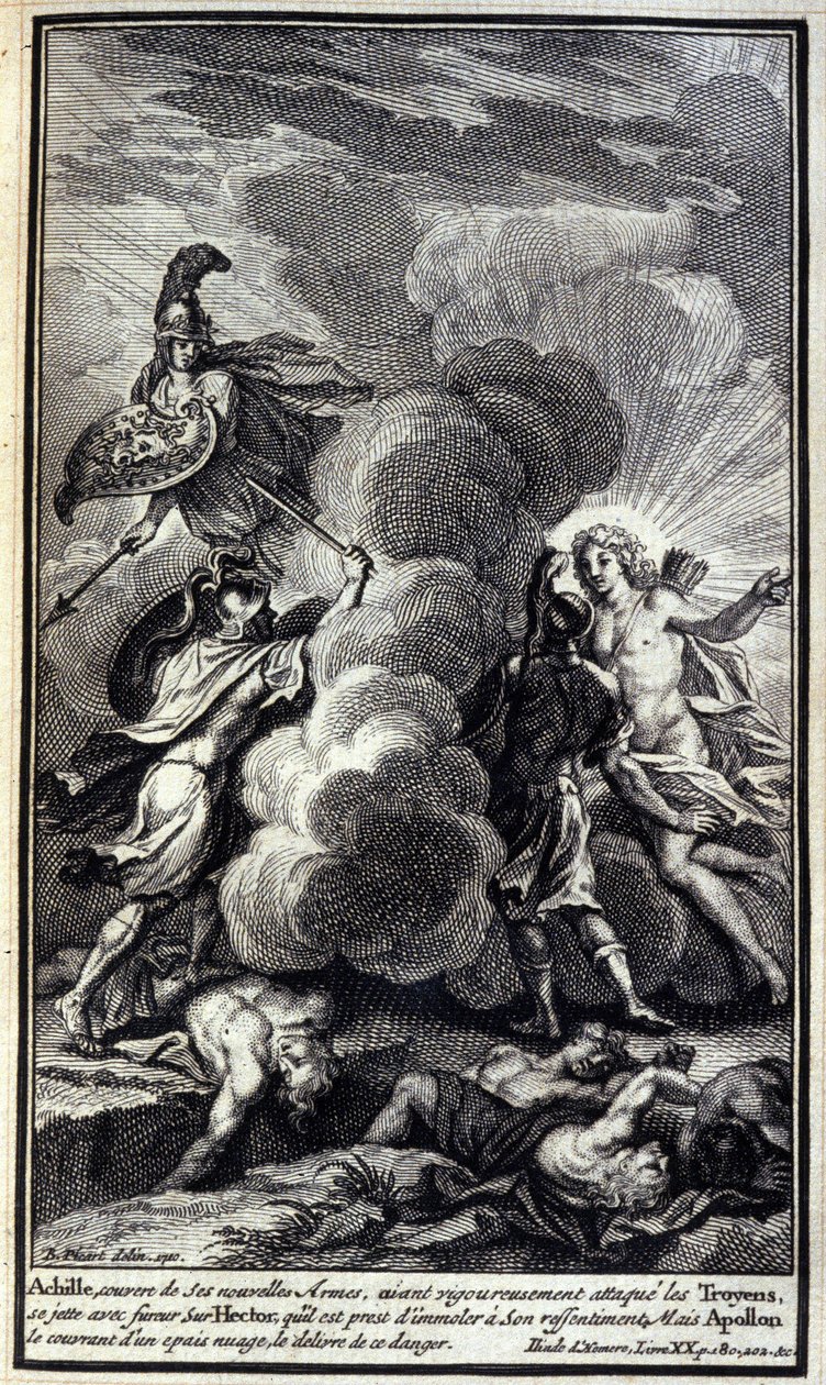 Achilles, covered with his new weapons, having rigorously attacked the Trojans, threw himself with fury at Hector, whom he was ready to slaughter to his resentment, but Apollo covered him with a thick cloud the delivre of this danger. Illustration of book  by Unknown artist