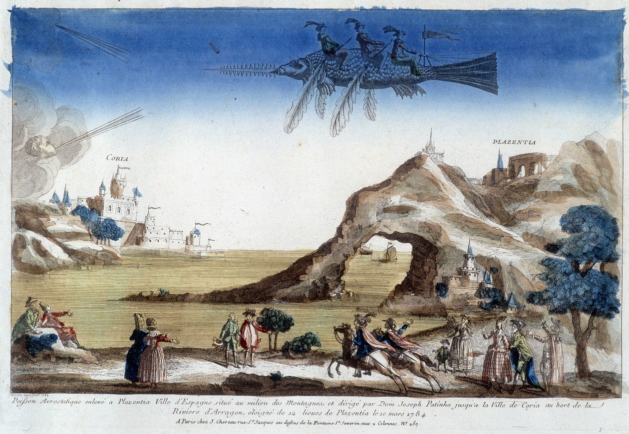 Aerostatic fish raised in Plazentia, Spain, directed by Dom Joseph Patinho, flying to the town of Coria on the banks of the Arragon River on March 10 by Unknown artist