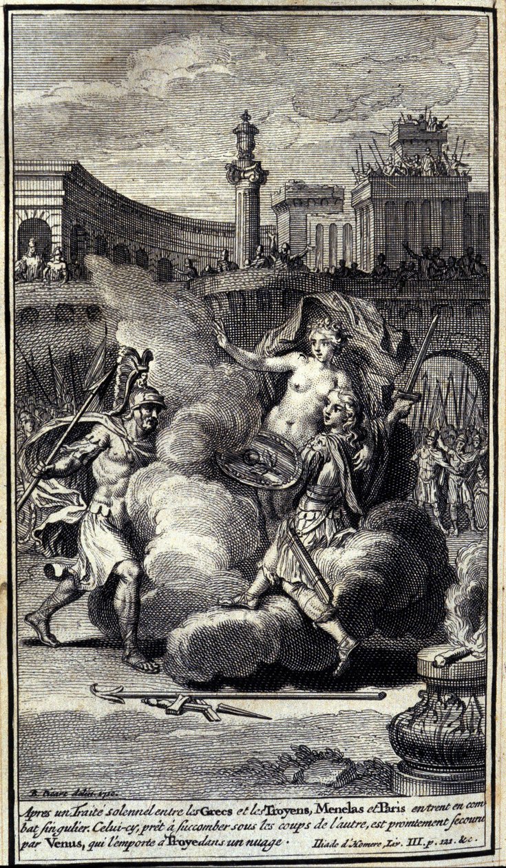 After a solemn deal between the Greeks and the Trojans, Menelas and Paris entered into a singular battle. This one, ready to succumb under the blows of the other, is rescued by Venus who wins Troyes in a cloud. Illustration of book III of the Iliad of Home by Unknown artist