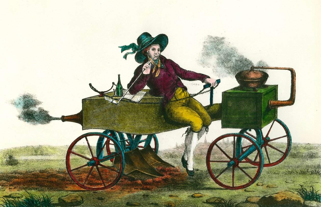 Agriculture: plowing scene with a steam machine in 1834. Anonymous engraving from 1834. Private collection by Unknown artist