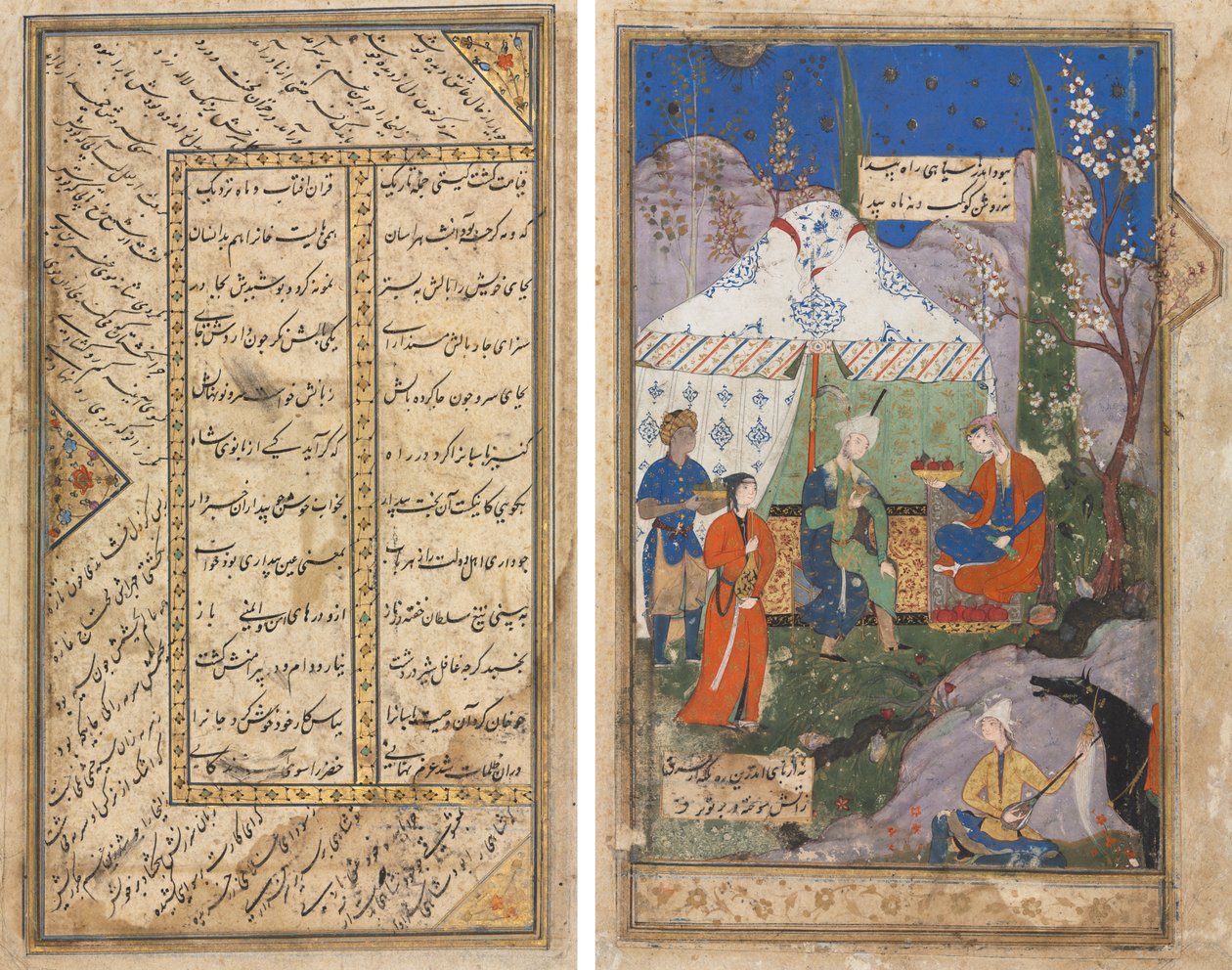 An Episode from the Story of the Sasanian King Khusrau and His Beloved Shirin, from a Khamsa (Quintet) of Nizami (1141–1209) (verso); Persian Verses from a Haft Awrang (Seven Thrones) of Jami (d. 1492) (recto) by Unknown artist