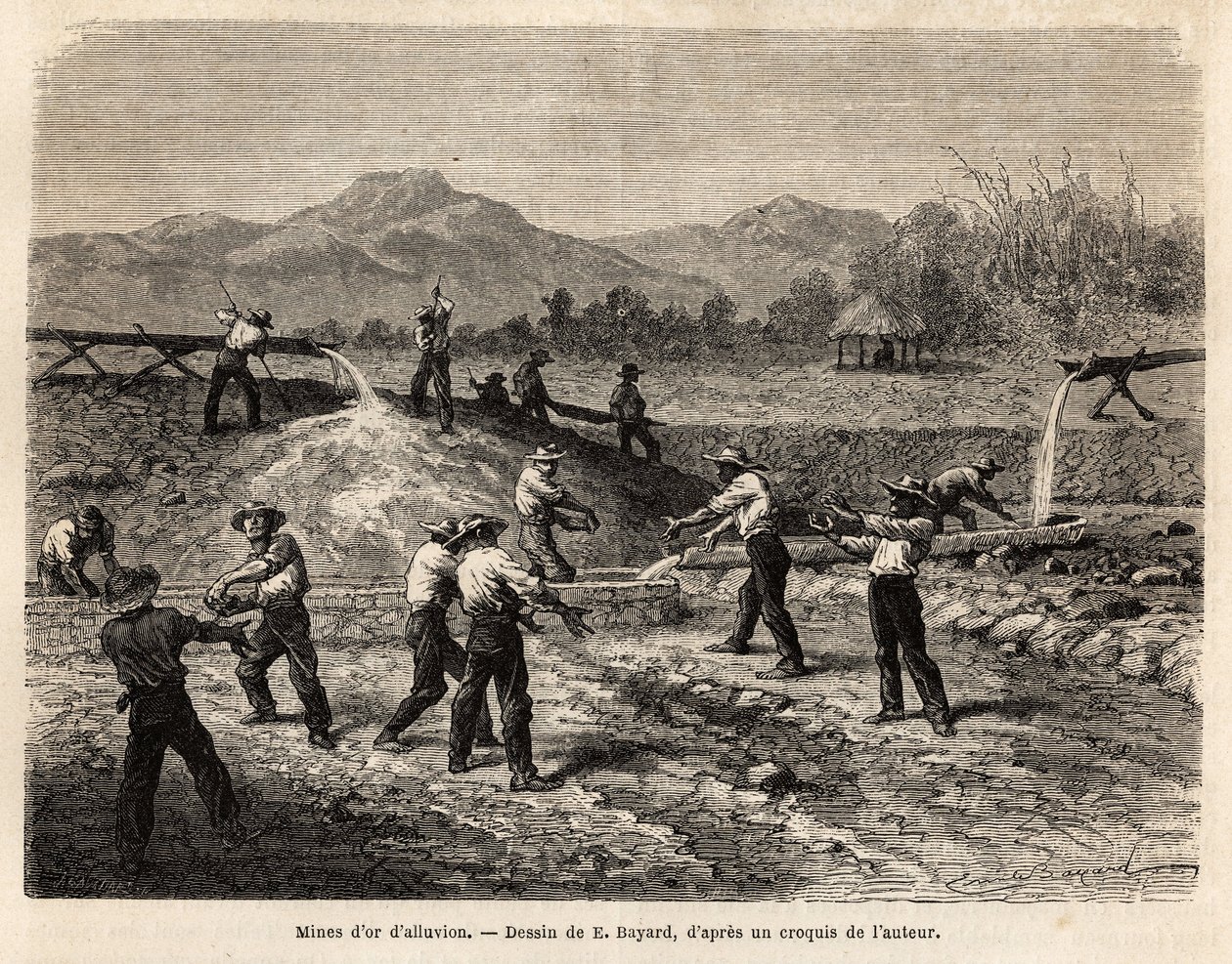 An alluvion gold mine, open air in Colombia, by means of pumps, a stream of water brings the auriferous sludge back to the work site, the tools of the miners are of the utmost simplicity, iron bars and a pool of rocks in which heavy particles and golden pe by Unknown artist