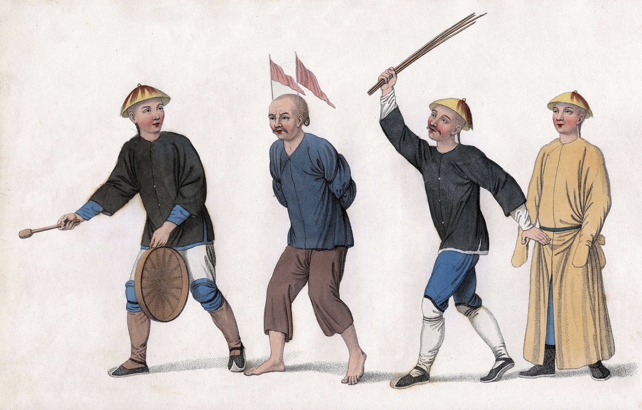 An indictment is taken to court. To attract public attention, red flags are fixed on his head and a man rings the gong. Engraving, in 