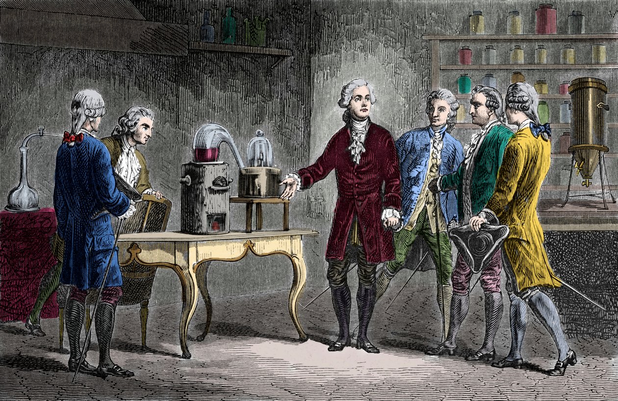 Antoine Laurent Lavoisier showing fellow scientists his experiment which revealed the composition of air in 1776 - Engraving from Louis Figuier by Unknown artist