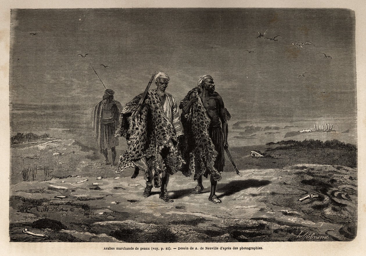 Arab bedouins, panther skins and sheep wool merchants, en route to the market of Baghdad (Iraq). Engraving to illustrate the voyage in Babylon, in 1866, by Guillaume Lejean, in 