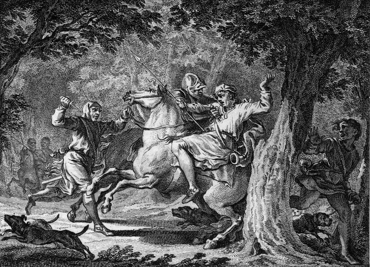 Assassination of Childeric II, 675: the king of the Franks (circa 653-675) was killed in the forest of Lognes by Bodillon, a lord whom he had whipped. Engraving of the 18th century. by Unknown artist