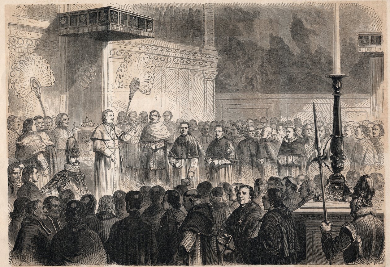 Audience given by Pope Pius IX (1792-1878) to foreign ecclesiastics in the Sistine Chapel in Rome on the occasion of the celebrations of the canonization of the 26 