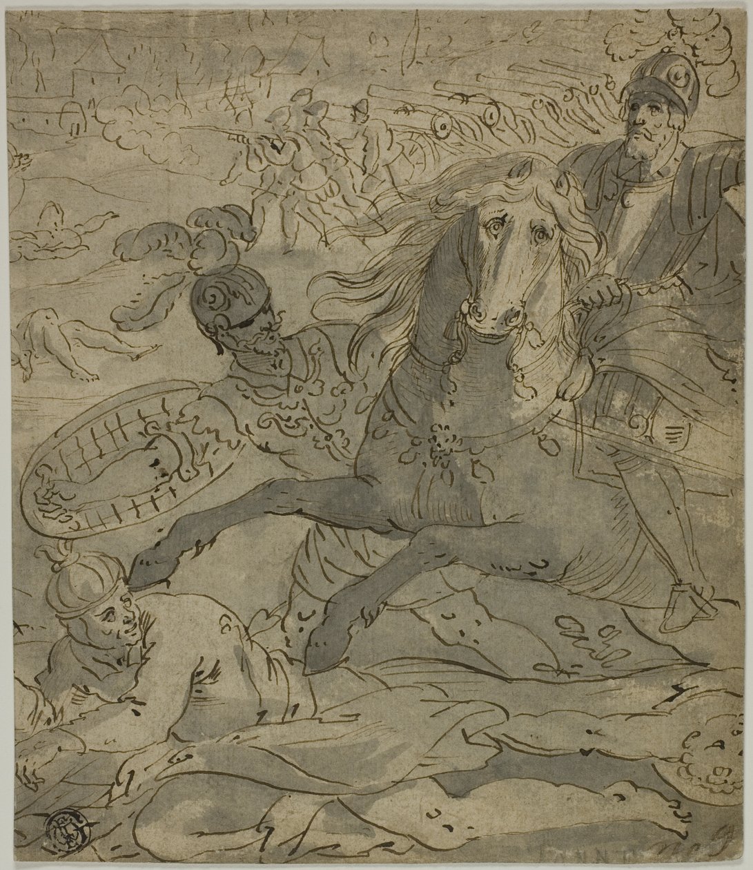 Battle Scene with Charging General on Horseback in Foreground, Artillery and Cannons in Background by Unknown artist